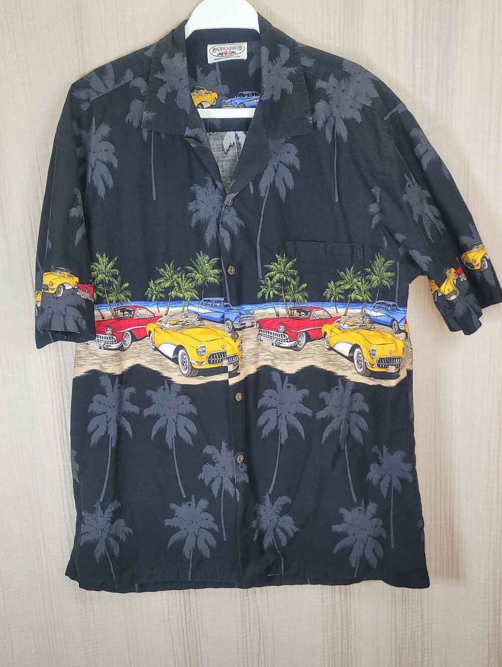 Vintage Pacific Legend Black Classic Car Print Hawaiian Camp Shirt 90s Y2K Large